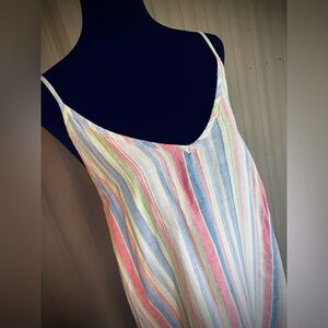 100% Linen Maxi Tank Dress C&C Cali Stripe Sleeveless Hi Low Pastel Coastal L